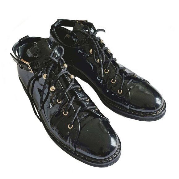 MAX MARA BLACK PATENT LEATHER ANKLE STRAP OXFORDS SHOES (39) - Picture 1 of 10